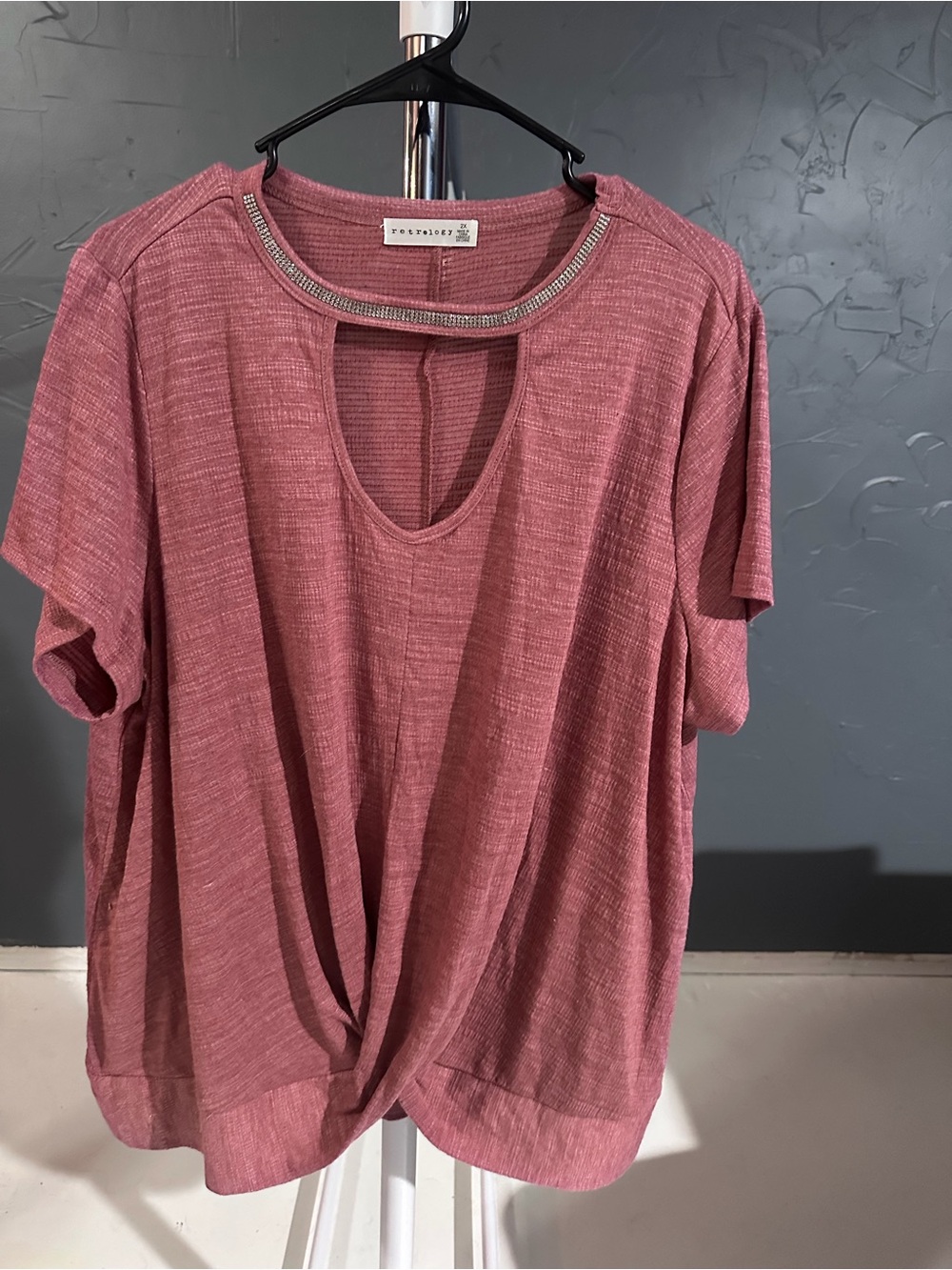 Textured Rose Pink Short Sleeve Twist-Front Top with Embellished Neckline